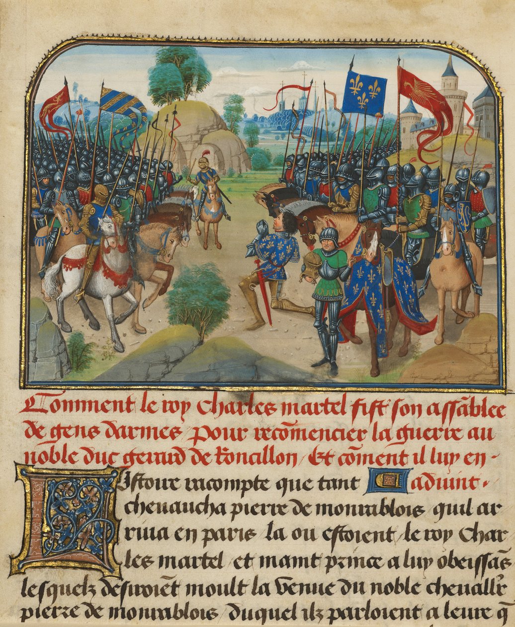 De legers van Frankrijk en Bourgondië met Martel in Gebed door Loyset Liedet