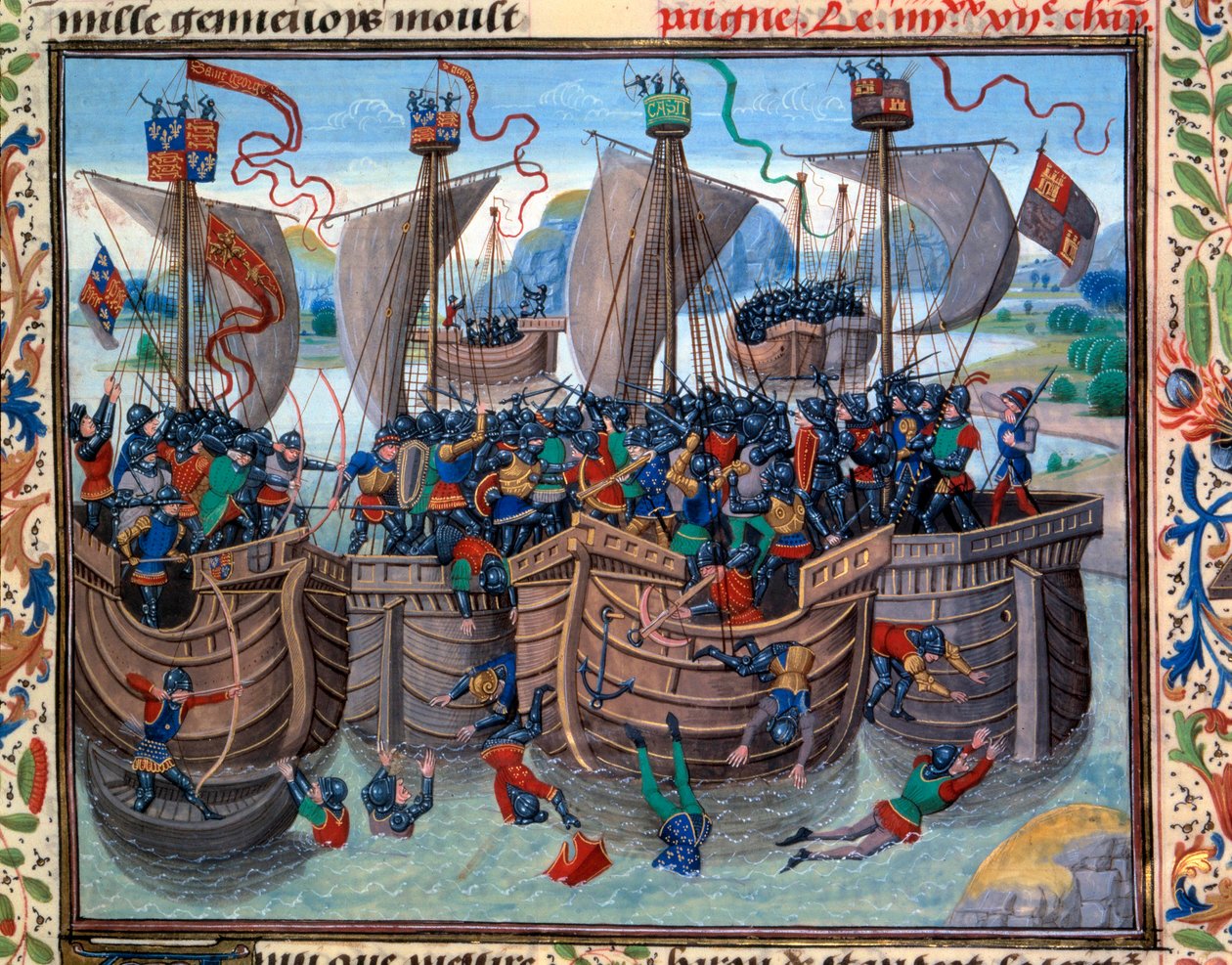 Uitzicht op de Slag bij Guernsey tussen Franse en Engelse troepen onder leiding van Robert d