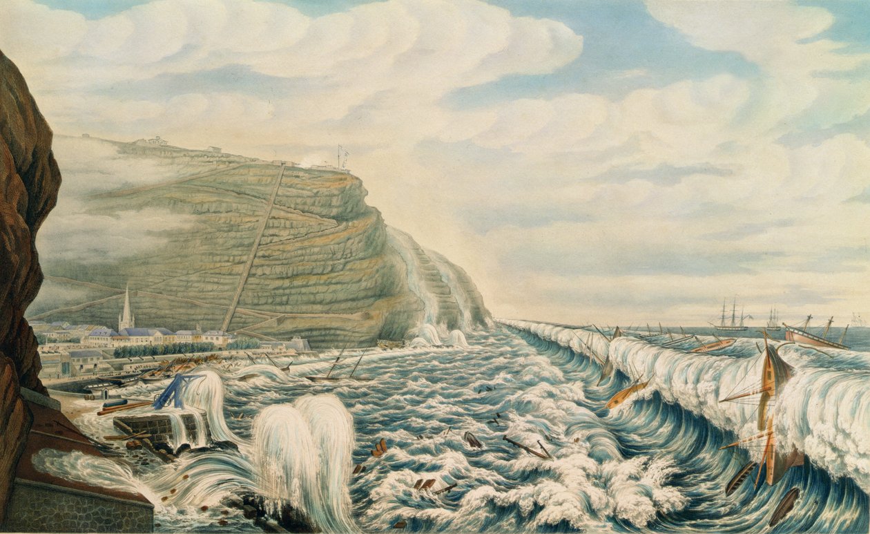 Gezicht op Jamestown en de haven, St. Helena, gegraveerd door T. Picken, c.1846 (gravure) door Lt. F.R. Stack