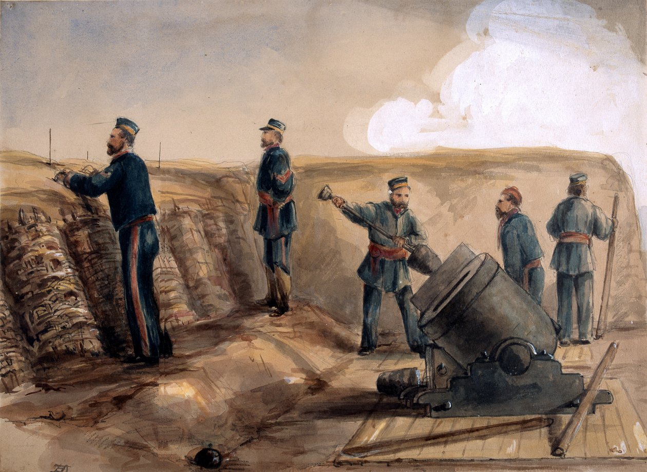 Een 13-inch mortier van de Koninklijke Artillerie in actie, 1855 door Lt. Henry James Alderson