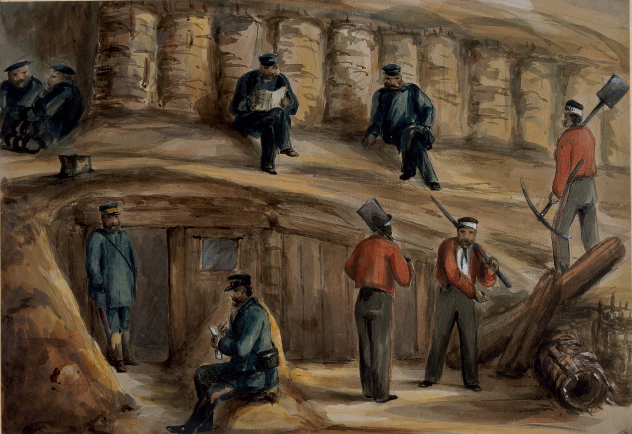 Kanonniers van het Koninklijk Artillerieregiment rusten in de loopgraven van Sebastopol, c.1855 door Lt. Henry James Alderson
