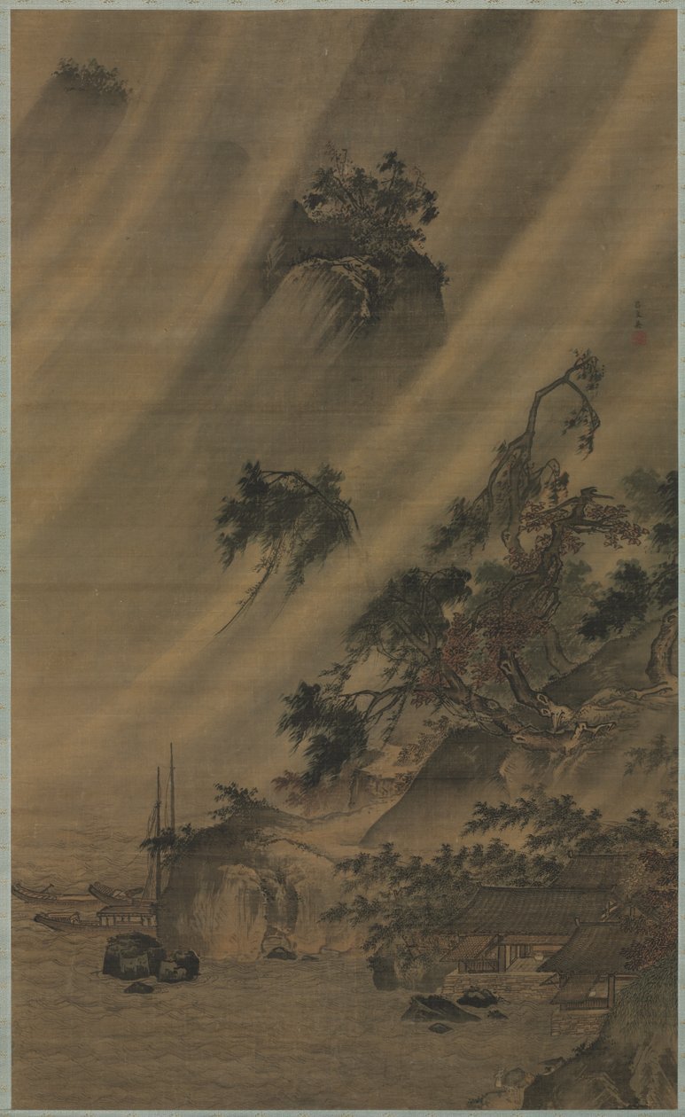 Rivierdorp in een regenstorm, ca. 1480-1507 door Lu Wenying