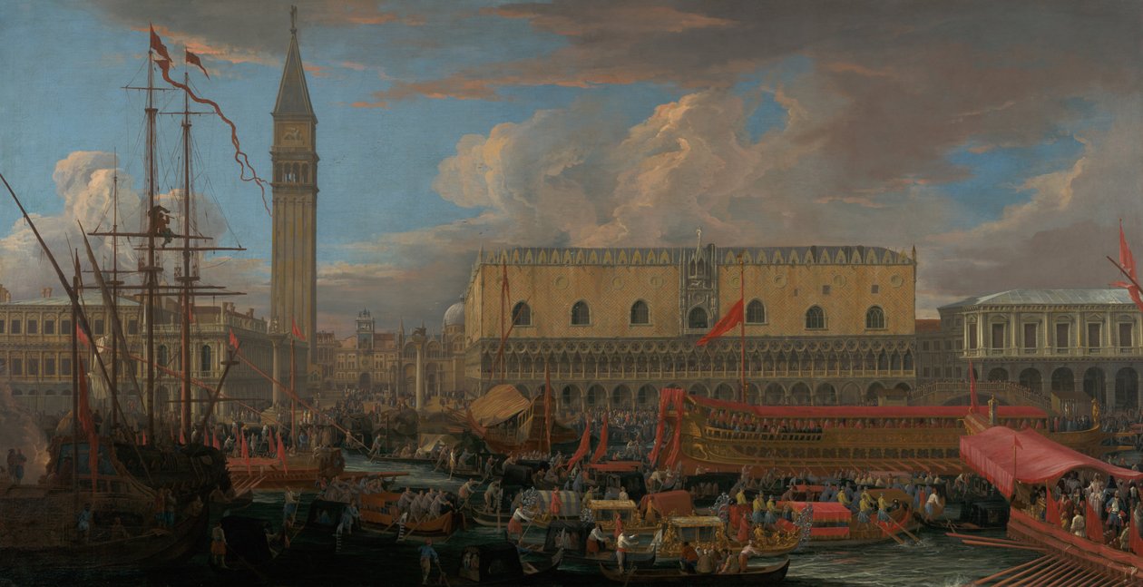 De Bucintoro vertrekt uit het Bacino di San Marco door Luca Carlevarijs