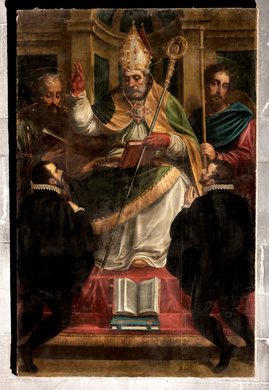 Genua, Duomo (Sint-Laurenskathedraal): "St. Gotthard tussen St. Paulus en St. Jacobus en twee knielende gelovigen" (1571), door Luca Cambiaso (met overschilderingen door Carlo Giuseppe Ratti) door Luca Cambiaso