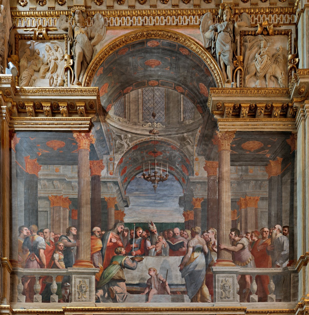 Genua, Duomo (Sint-Laurenskathedraal), binnen, de Lercari-kapel of de Kapel van het Heilig Sacrament (noordelijke apsis), noordzijde: "De presentatie in de tempel", fresco door Luca Cambiaso door Luca Cambiaso