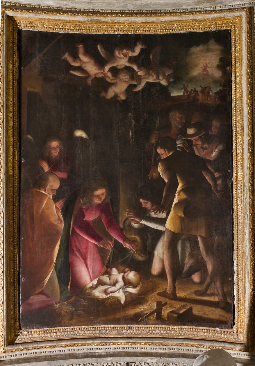 Genua, Duomo (St. Laurentiuskathedraal), binnen, De Lercari-kapel of De Kapel van het Heilig Sacrament (Noordelijke apsis): "Aanbidding van de herders", door Luca Cambiaso door Luca Cambiaso