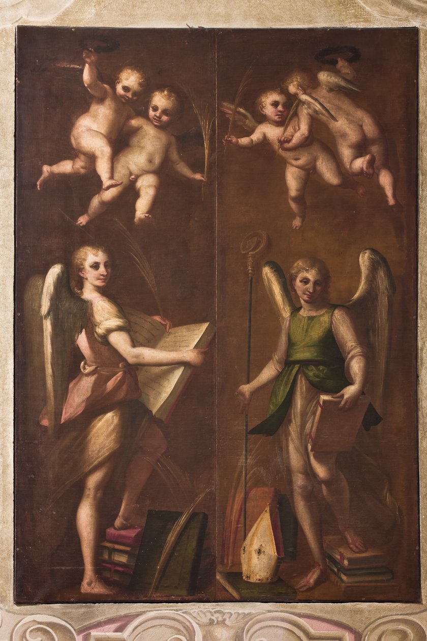 Genua, Duomo (Sint-Laurenskathedraal), sacristie, kapel: "Engelen met bisschoppelijke insignes, boeken en palmtakken" (ca. 1580) door Luca Cambiaso