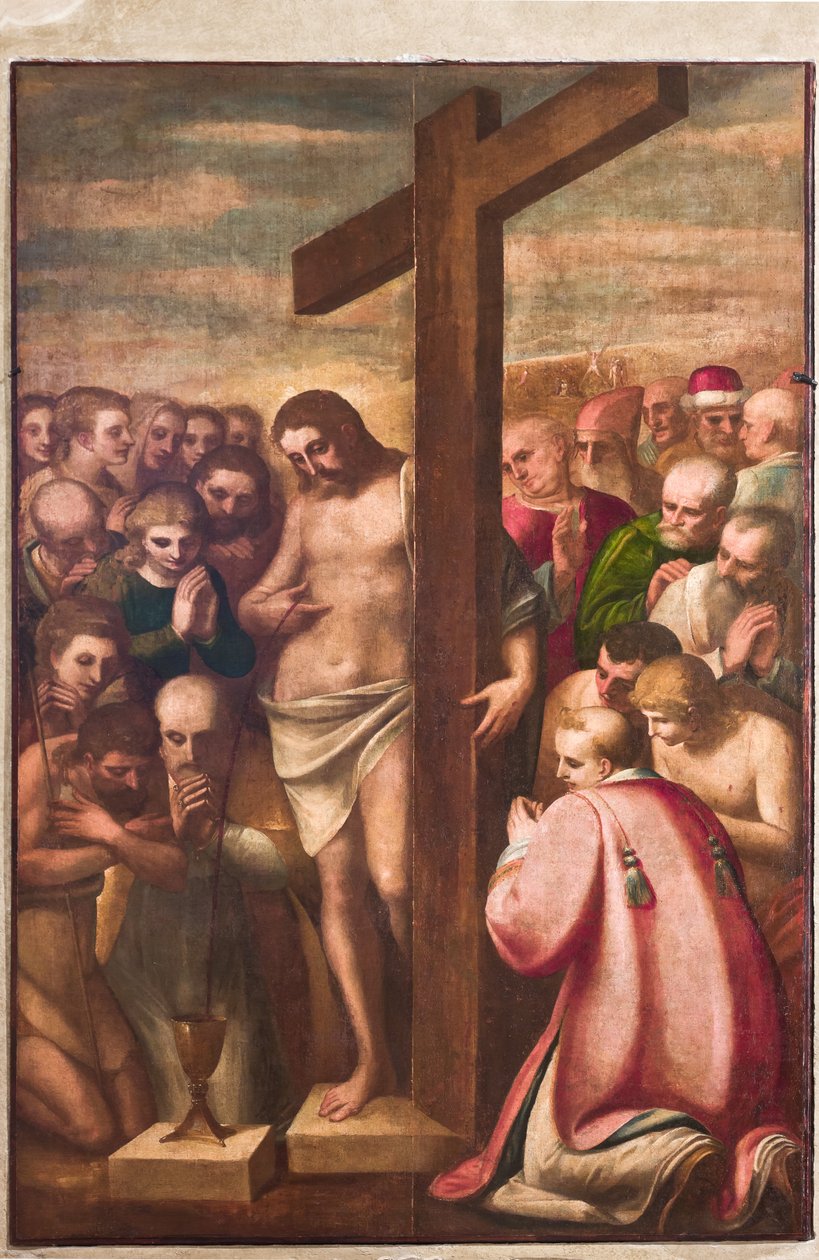 Genua, Duomo (Sint-Laurenskathedraal), sacristie, kapel: "Eucharistische Christus aanbeden door heiligen", door Luca Cambiaso, circa 1580 door Luca Cambiaso