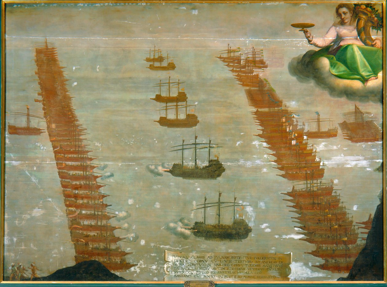 De zeeslag van Lepanto in 1571, waarbij de keizerlijke vloot onder Don Juan d