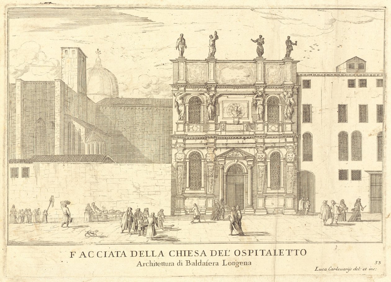 Gevel van de Kerk van het Ospitaletto (plaat 33) door Luca Carlevariis