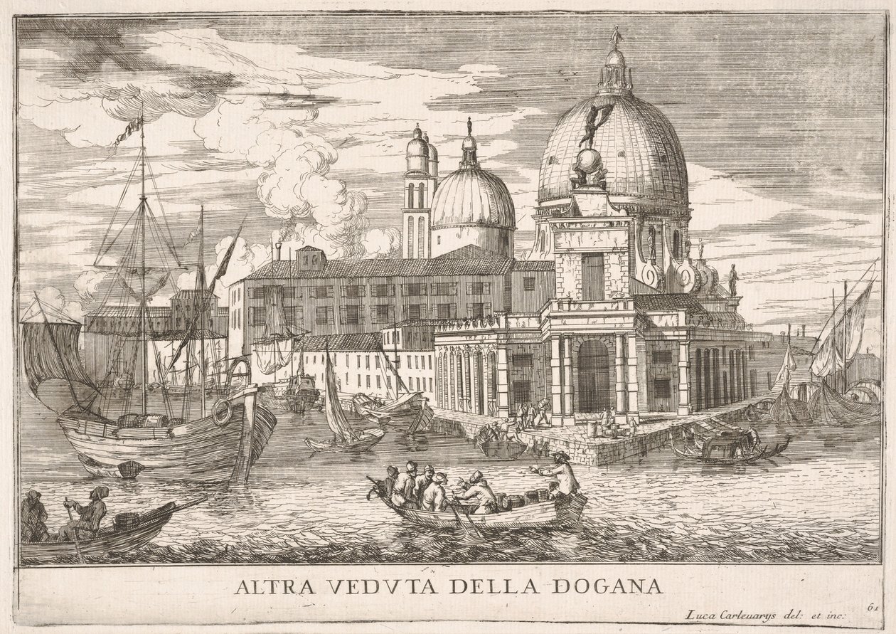 Plaat 61: Uitzicht op het douanehuis Dogana da Mar bij de samenvloeiing van het Canal Grande..., 1703 door Luca Carlevarijs