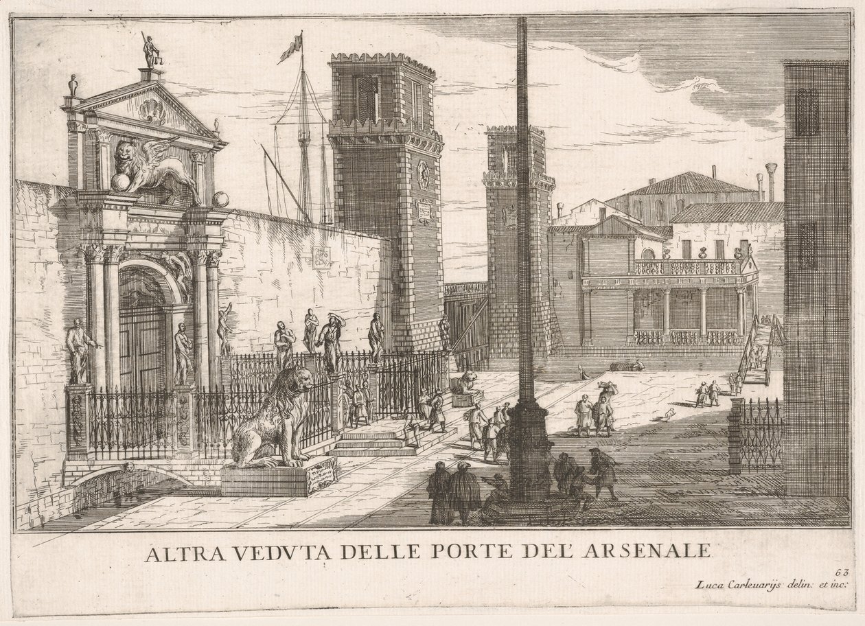 Poort van de scheepswerf en het arsenaalcomplex Arsenale, Venetië door Luca Carlevarijs