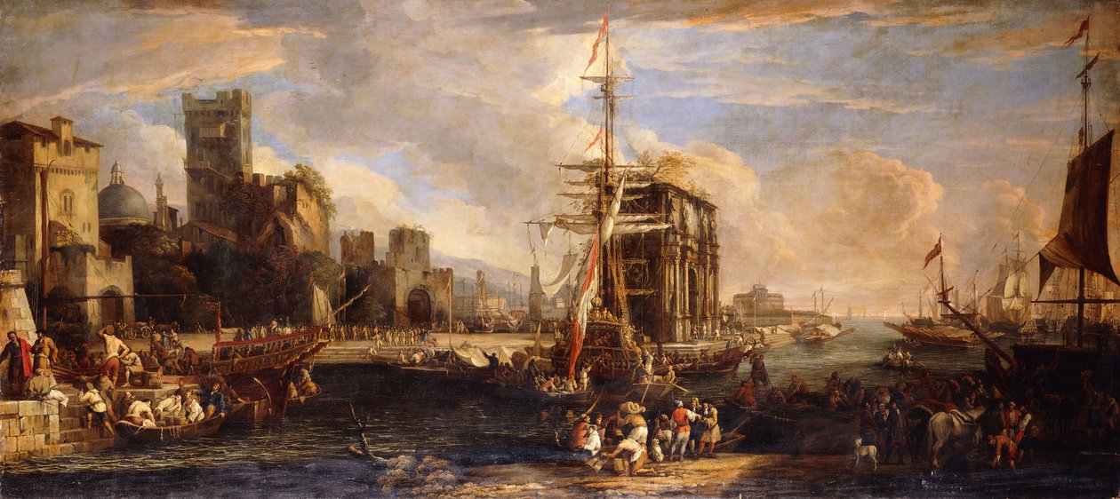 Een capriccio van een mediterrane haven met Oostenrijkse schepen, kooplieden en zeelieden op de kade, een compagnie militie bij de Boog van Constantijn en Castel Sant