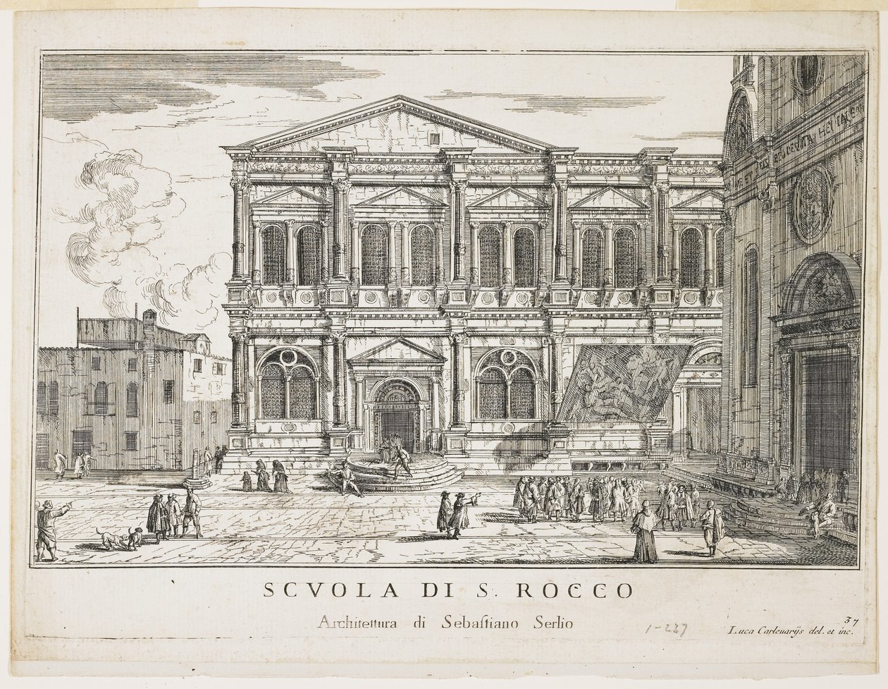 Zicht op de Broederschap van St. Rocco, plaat uit De Gebouwen en Zichten van Venetië, 1703, 1750-53 door Luca Carlevaris