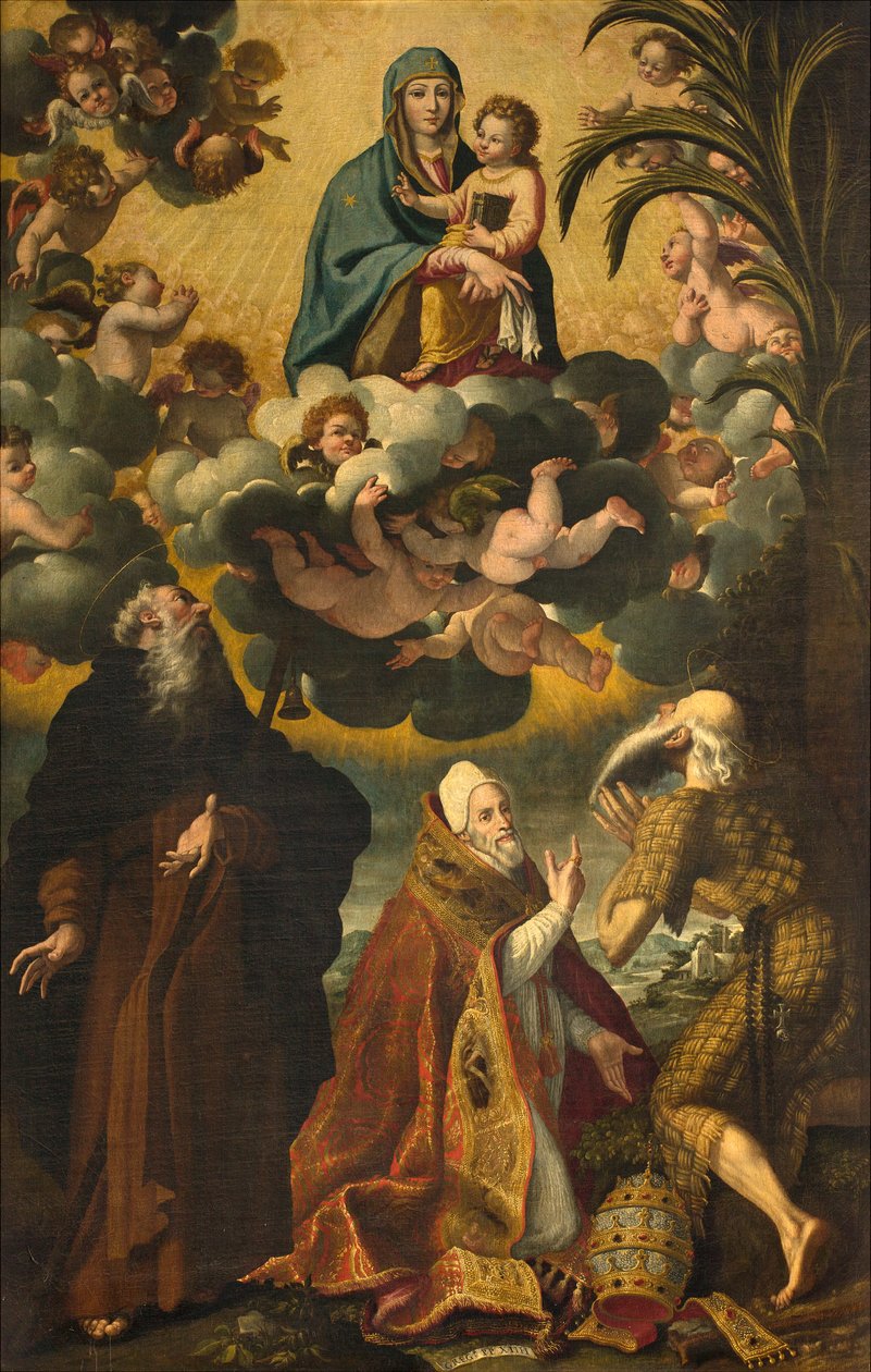 Altaar van Sint Antonius, Madonna en Kind met Heiligen Antonius Abt Paul Hermiet en Paus Gregorius XIV, Luke Cattapane 1593 door Luca Cattapane