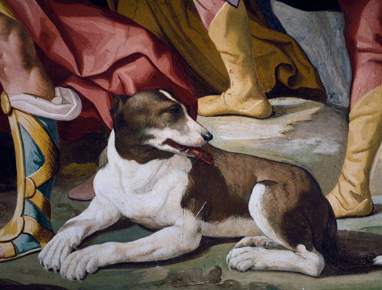 Hond, detail van fresco uit cyclus van Verhalen van Antenor door Luca Ferrari
