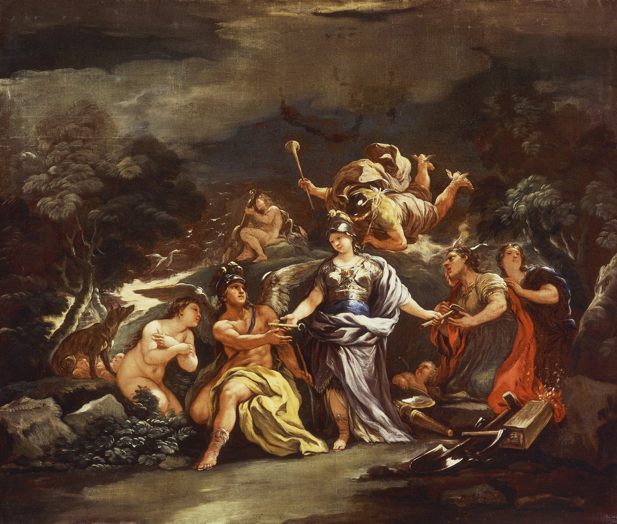 Minerva als beschermster van kunsten en wetenschappen door Luca Giordano