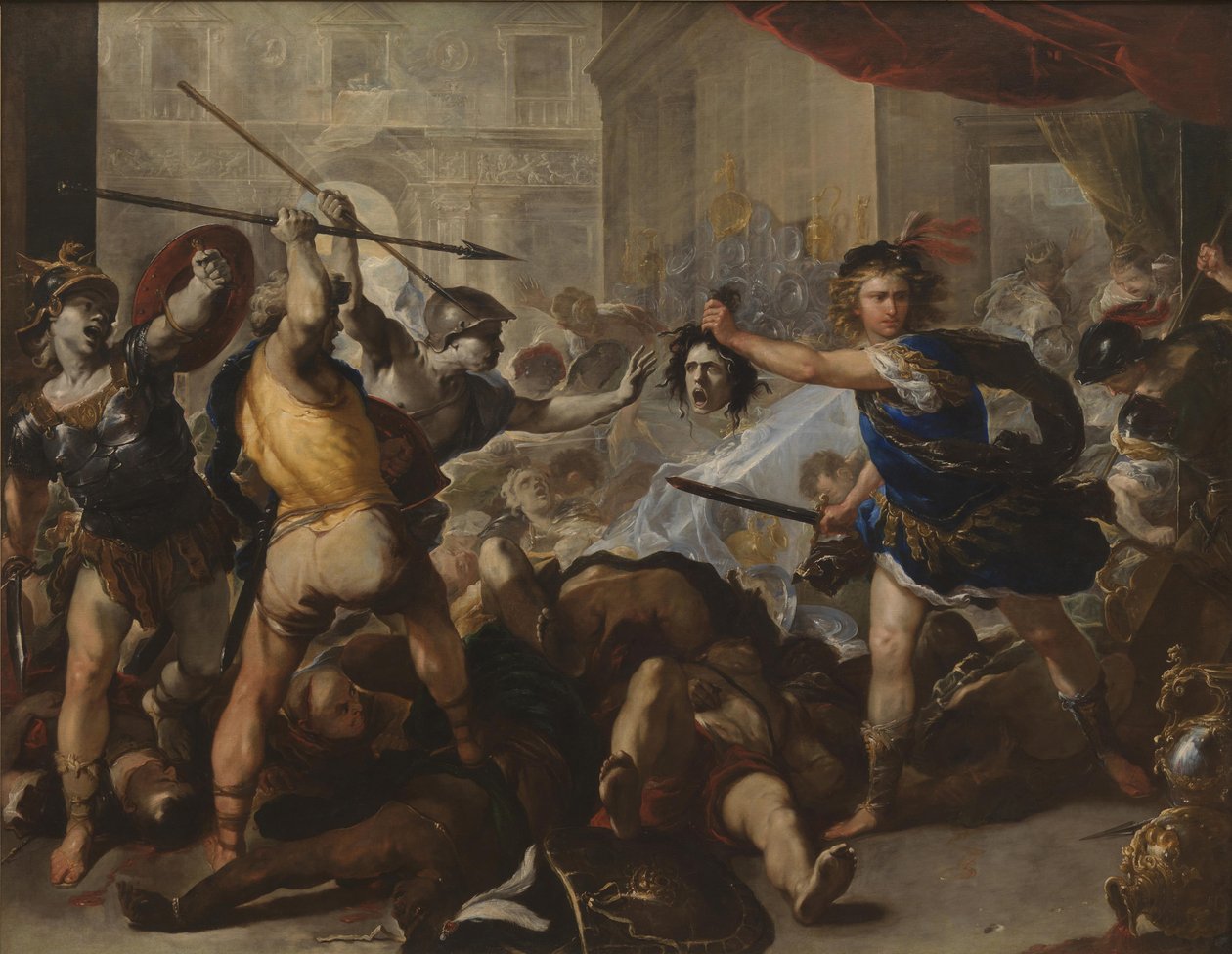 Perseus verandert Phineas en zijn volgelingen in steen, begin 1680s door Luca Giordano