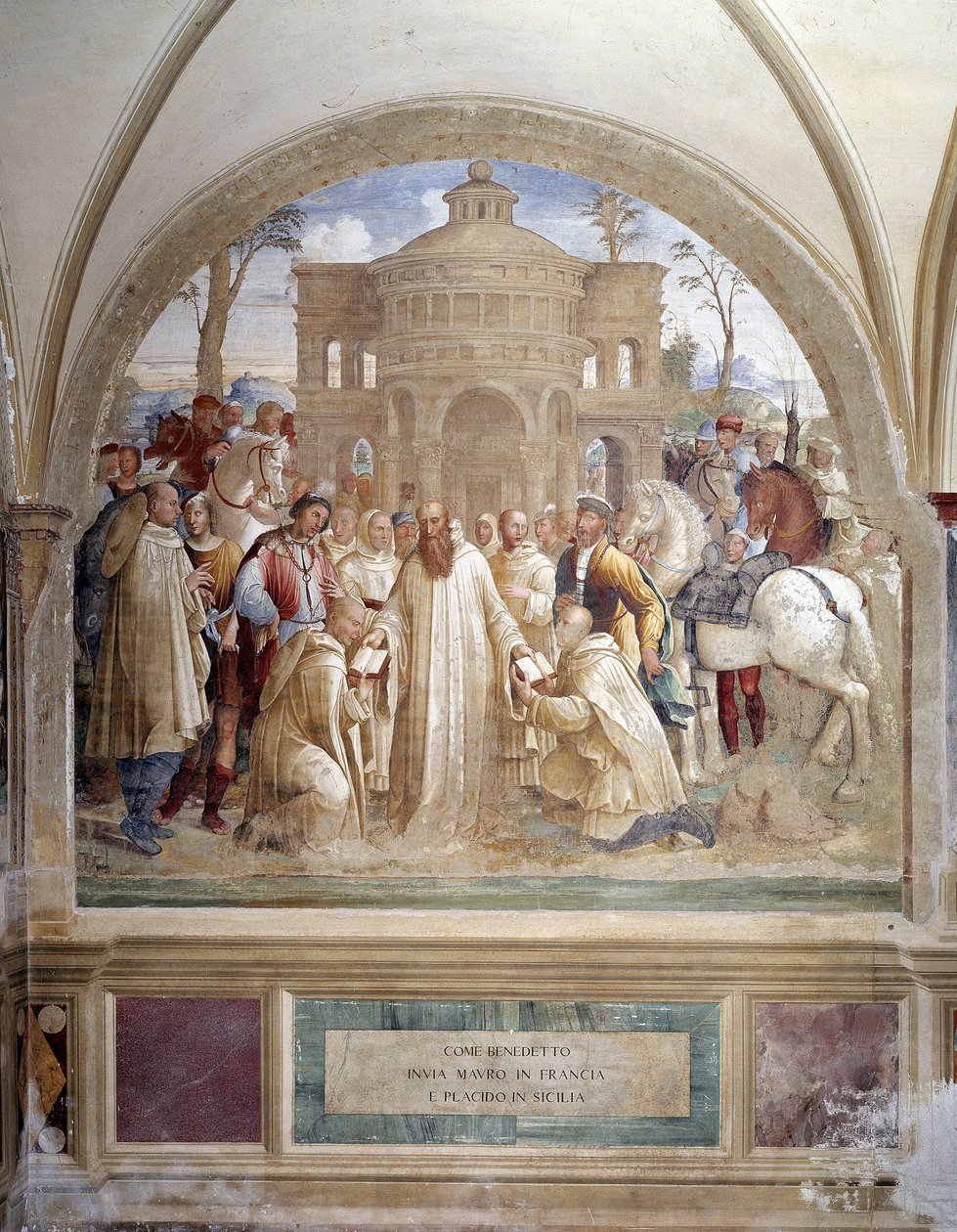 Benedictus stuurt Maurus naar Frankrijk en Placidus naar Sicilië (fresco van de kloostergang gemaakt door Luca Signorelli die het leven van Sint Benedictus van Nursia (480 - 567) stichter van de Orde van Benedictijnen vertelt 1497- door Luca Signorelli