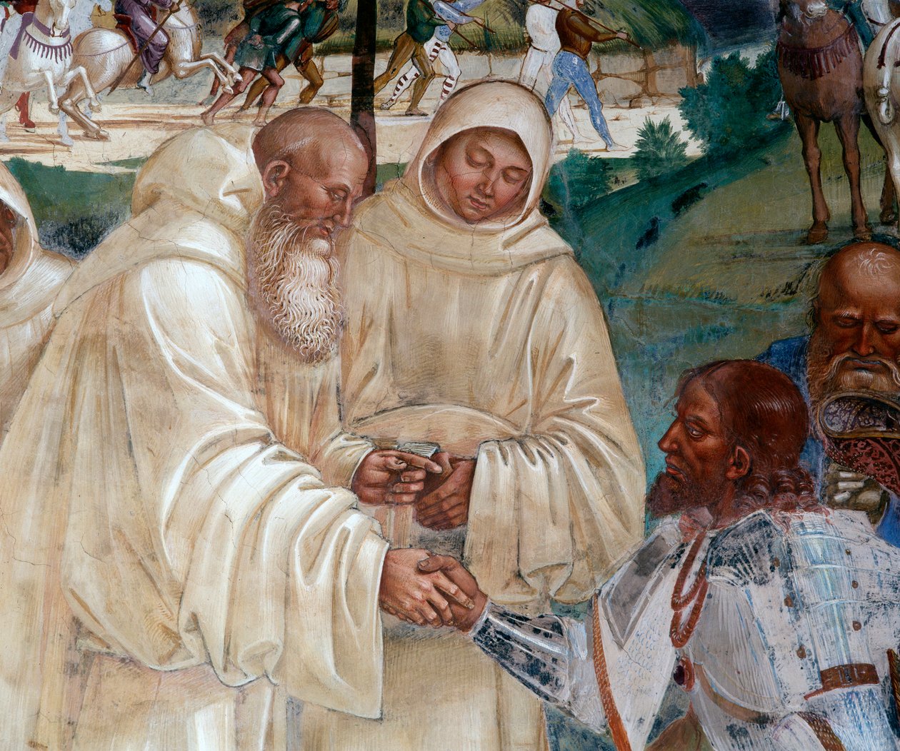 Benedictus verwelkomt Totila die zich kwam verontschuldigen (detail) door Luca Signorelli