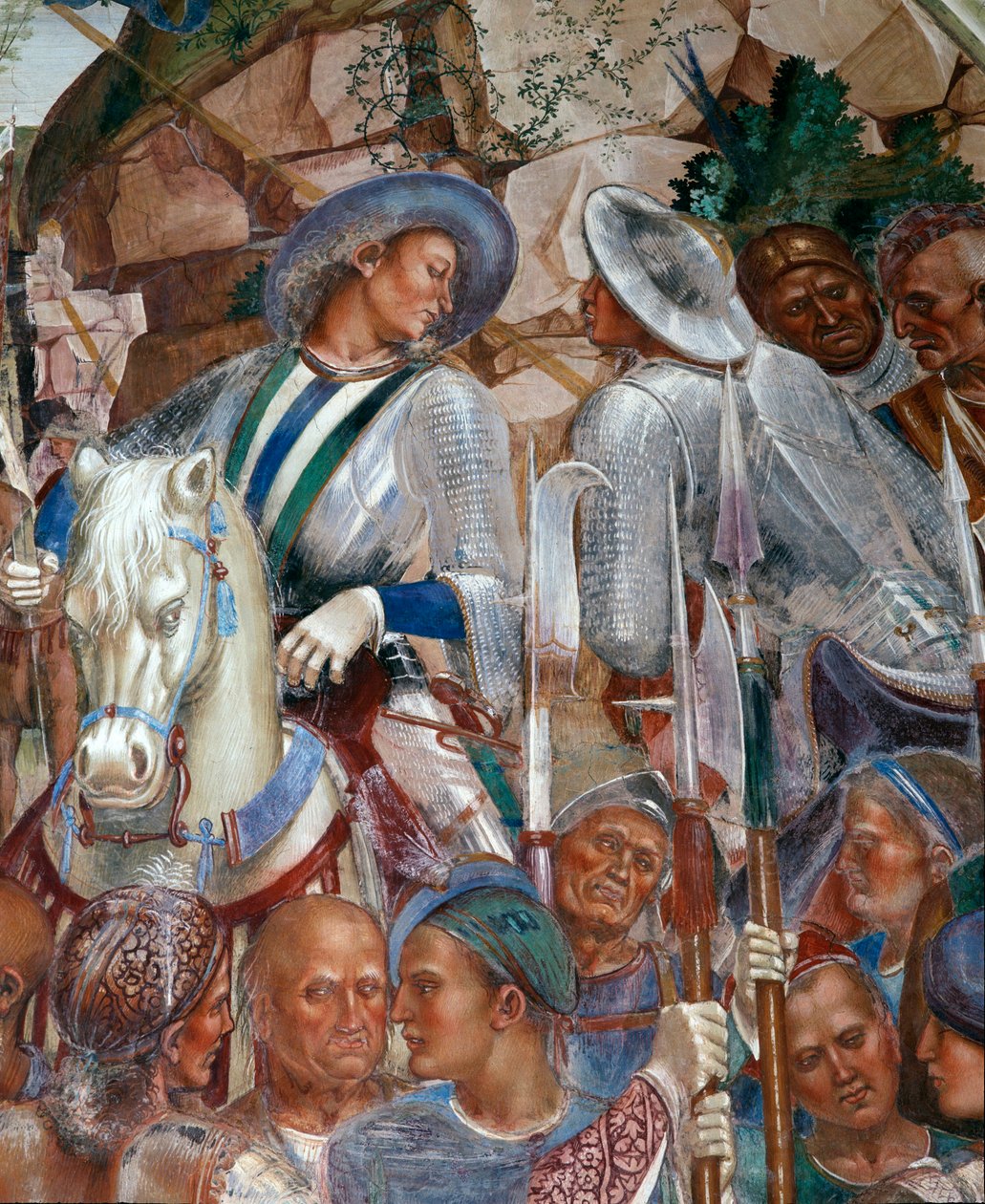 Benoit herkent en verwelkomt de koning van de Goten Totila die persoonlijk is gekomen om zijn excuses aan te bieden voor het op de proef stellen van Benoit (detail) door Luca Signorelli