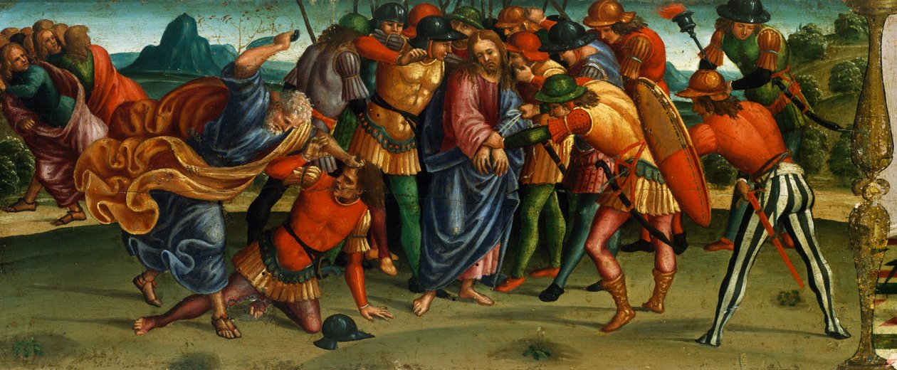 Gevangenneming van Christus, detail van predella van Rouw over Dode Christus door Luca Signorelli door Luca Signorelli