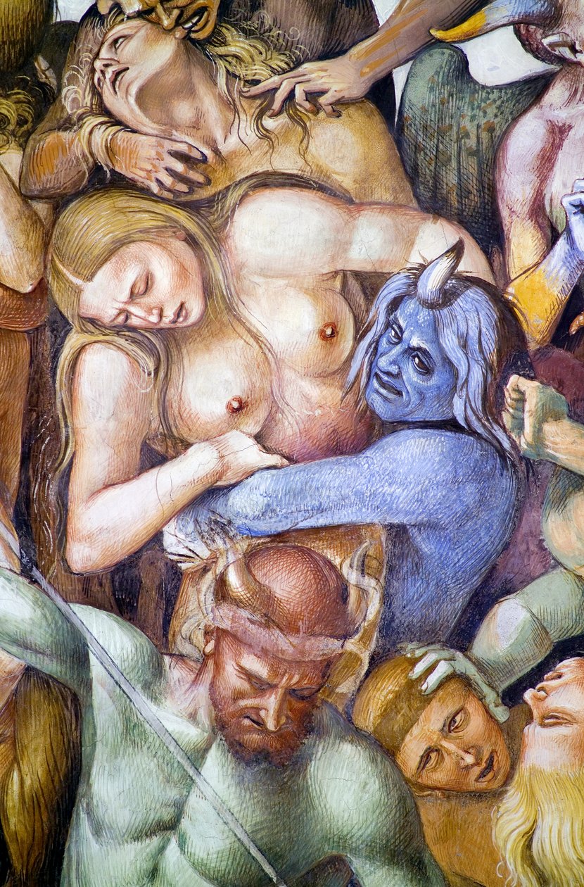 Verdoemden in de hel, detail met zelfportret van Luca Signorelli als blauwe demon door Luca Signorelli
