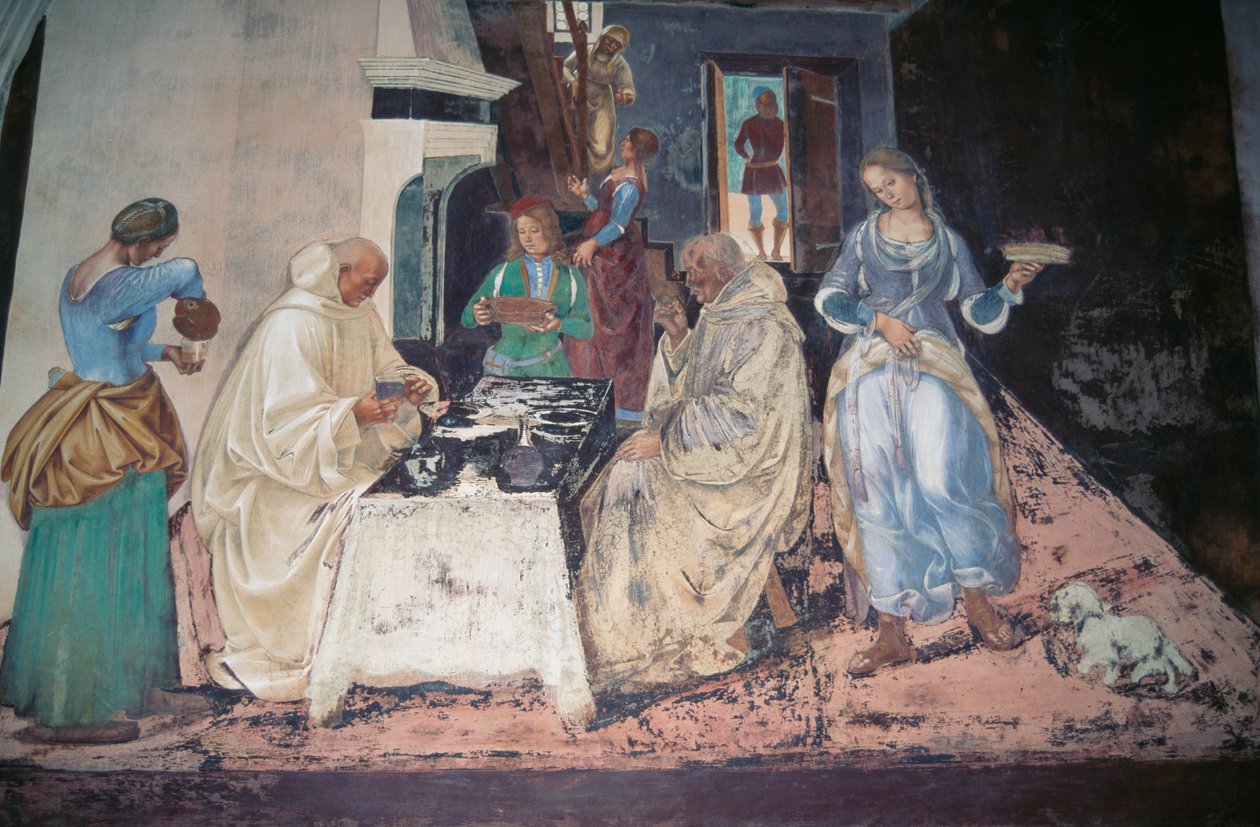 Sint Benedictus berispt twee monniken die de Regel hebben overtreden, scène uit de Verhalen van Sint Benedictus van Monte Oliveto Maggiore door Luca Signorelli