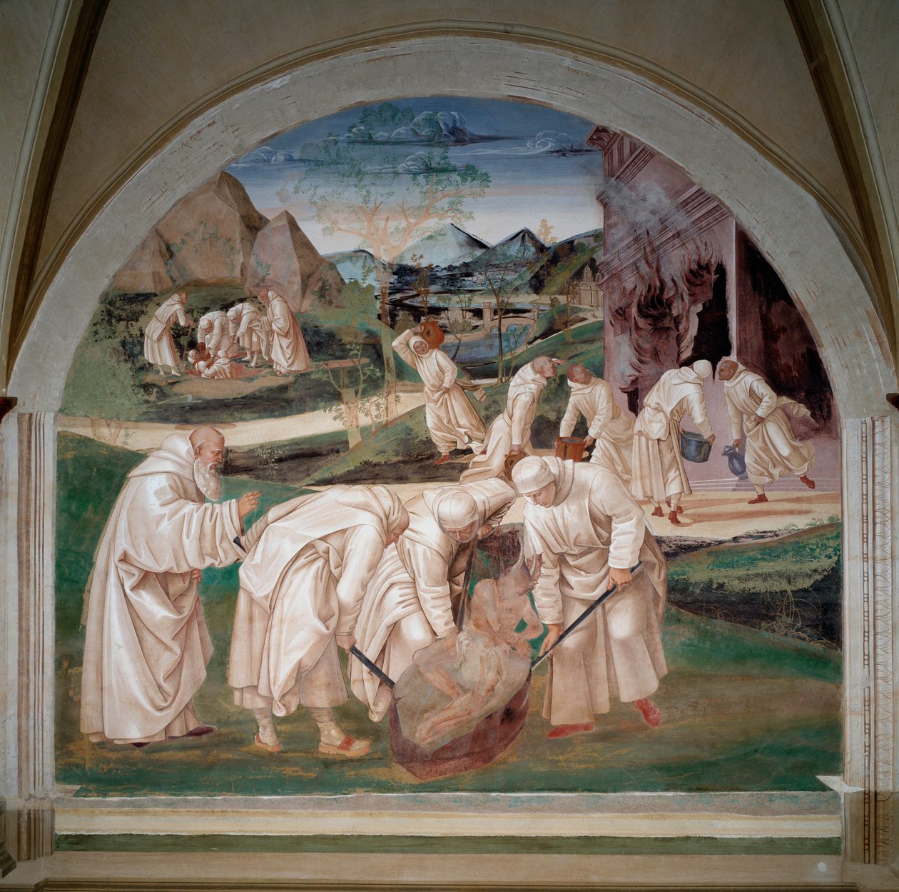 De problemen van de installaties van de monniken in Monte Cassino, Sint-Benedictus verdrijft een demon uit een steen, op de achtergrond vinden de monniken een afgodsbeeld in de grond, een andere groep vecht tegen vuur door Luca Signorelli