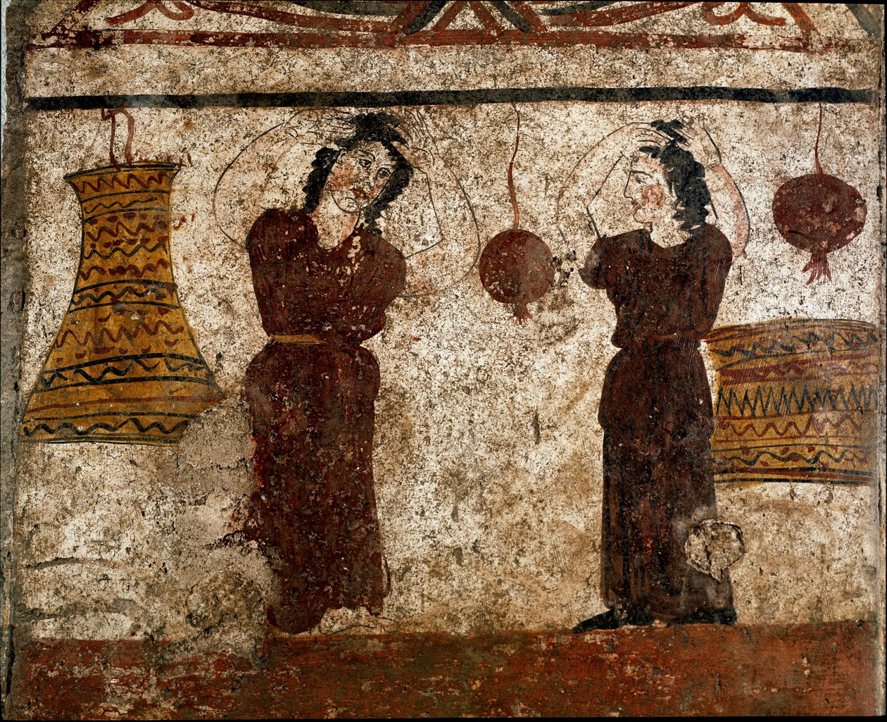Een groep dansers tijdens een begrafenisritueel Lucaanse fresco uit de 4e eeuw v.Chr., afkomstig uit de necropolis van Paestum, Italië. Museo nazionale archeologico, Paestum door Lucanian School