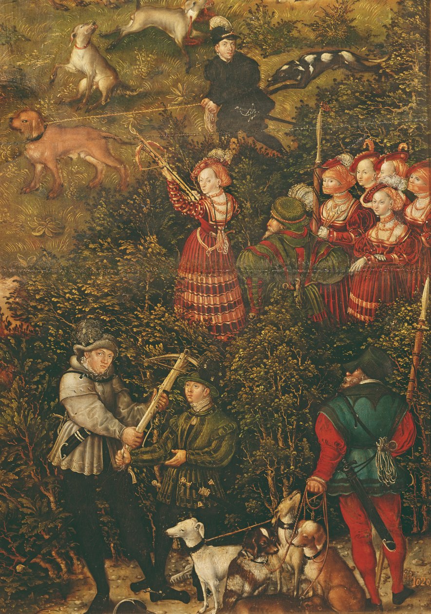 De Keurvorstin Sybille van Saksen bereidt zich voor om met haar kruisboog te schieten tijdens de Jacht ter Ere van Keizer Karel V nabij Kasteel Hartenfels, Torgau, 1544 door Lucas Cranach the Elder