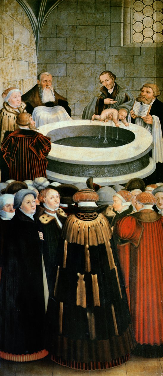 Drieluik, linker paneel, Philipp Melanchthon voert een doop uit bijgestaan door Martin Luther; middenpaneel, het Laatste Avondmaal met Luther onder de Apostelen; rechter paneel, Luther doet zijn biecht; Luther door Lucas Cranach the Elder