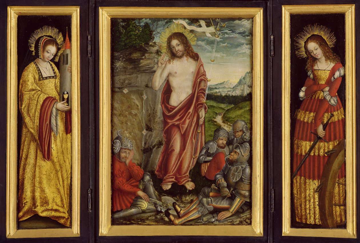 Klein gevleugeld altaar met de Opstanding van Christus, St. Barbara (Linkervleugel) en St. Catharina (Rechtervleugel), 1508-10 door Lucas Cranach the Elder