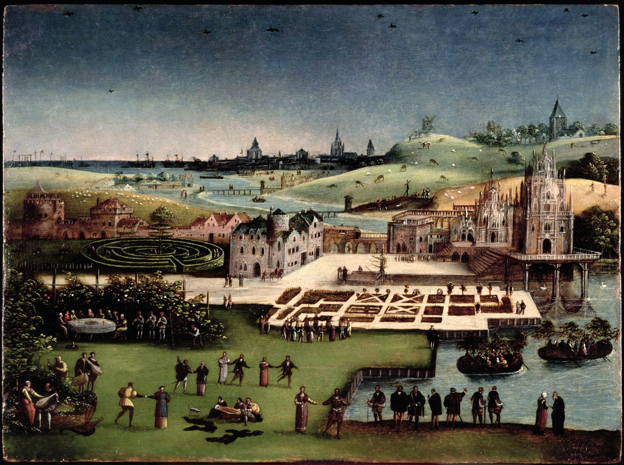 Panoramisch Landschap met een Tuin van Liefde door Lucas van Gassel