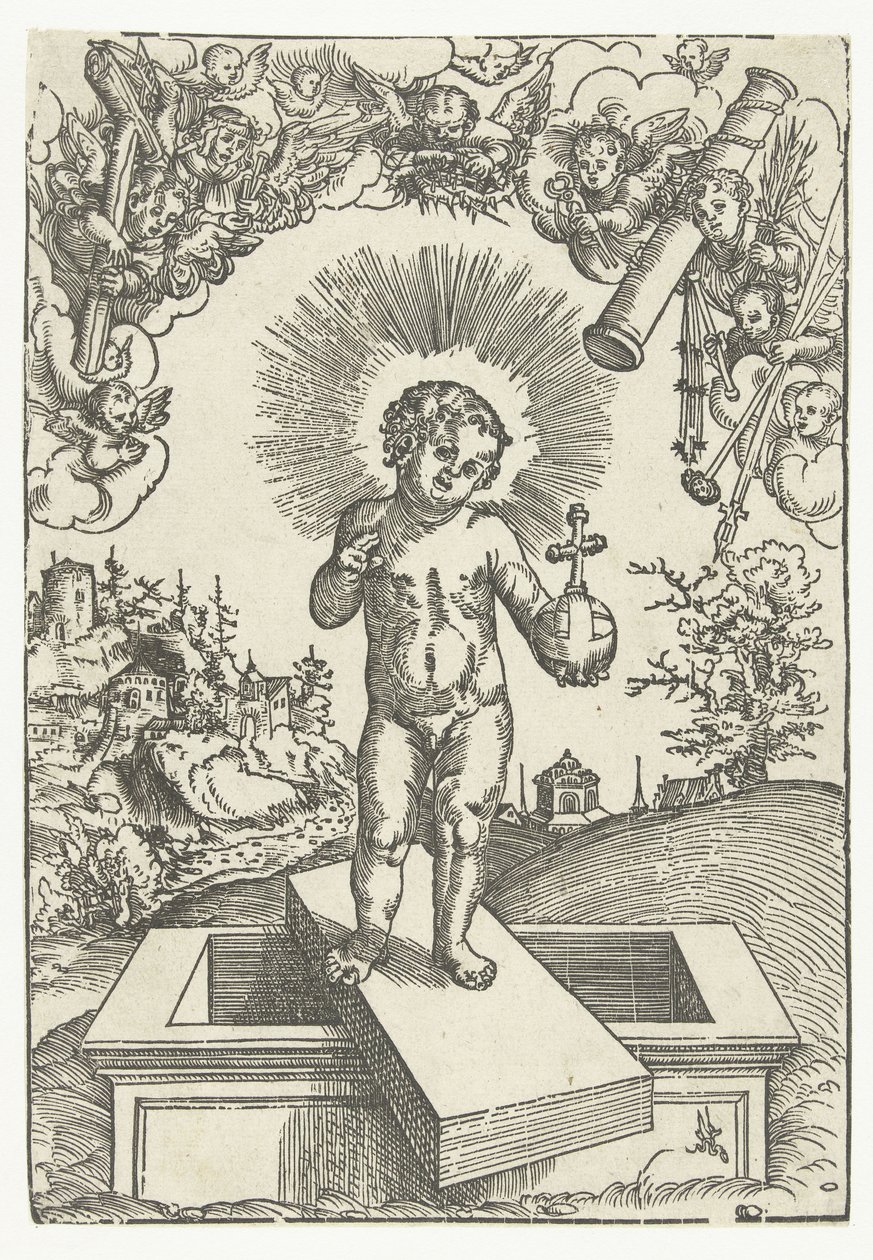 Christuskind als verlosser omringd door engelen met werktuigen van de passie door Lucas Cranach