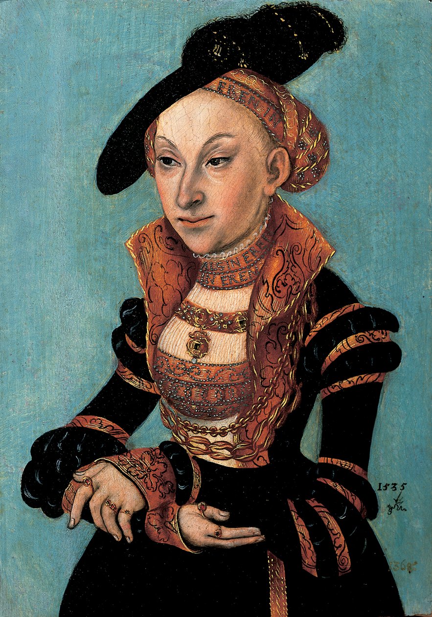 Portret van Sibylle van Cleve, keurvorstin van Saksen, 1535 door Lucas Cranach