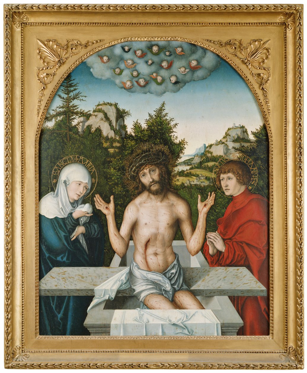 Schmerzensmann zwischen Maria und hl. Johannes door Lucas Cranach