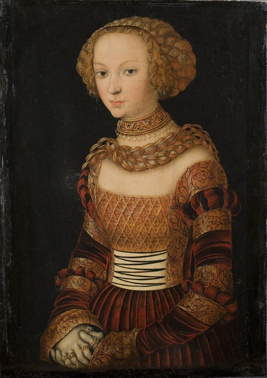 Portret van een jonge vrouw. Prinses Emily van Saksen? door Lucas Cranach d.Æ.