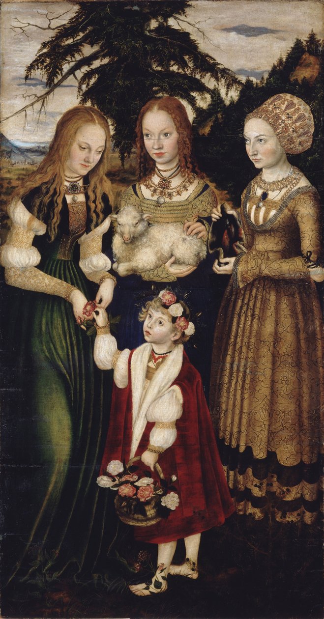 Altaarstuk met het martelaarschap van Sint Catharina, linker vleugel: De heiligen Dorothea, Agnes en Cunigund door Lucas Cranach the Elder