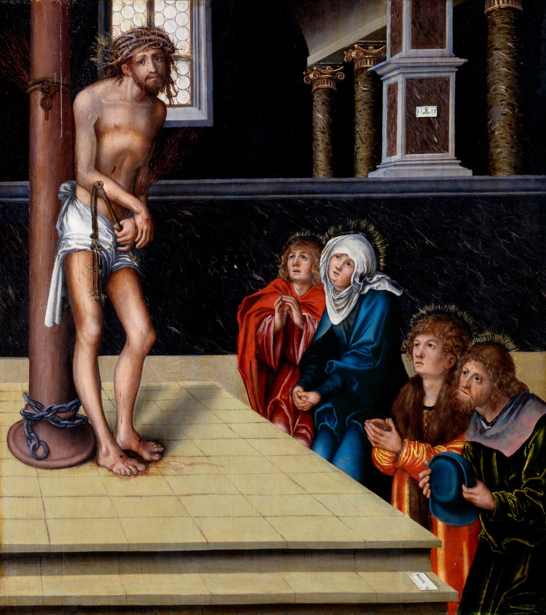 Duits: Christus als Schmerzensmann an der Geißelsäule Christus als man van smarten door Lucas Cranach the Elder