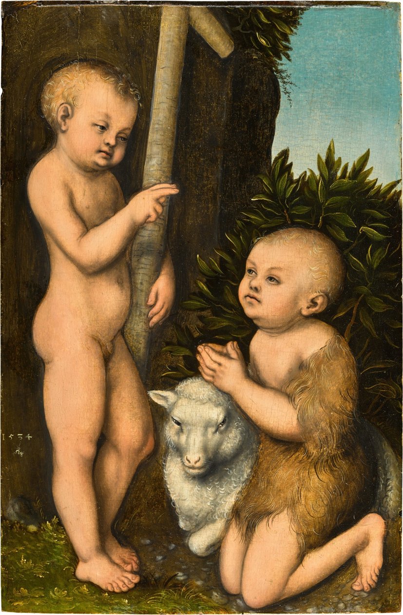 Duits: Der Christusknabe und der ihn adorerende Johannesknabe / Christus en Johannes de Doper als jongens De jonge Christus aanbeden door Johannes de Doper door Lucas Cranach the Elder