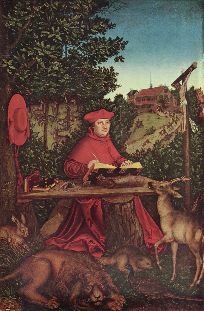 German: Kardinal Albrecht von Brandenburg (1490-1545) als Heiliger Hieronymus Cardinal Albrecht of Brandenburg (1490-1545) as Saint Jerome door Lucas Cranach the Elder
