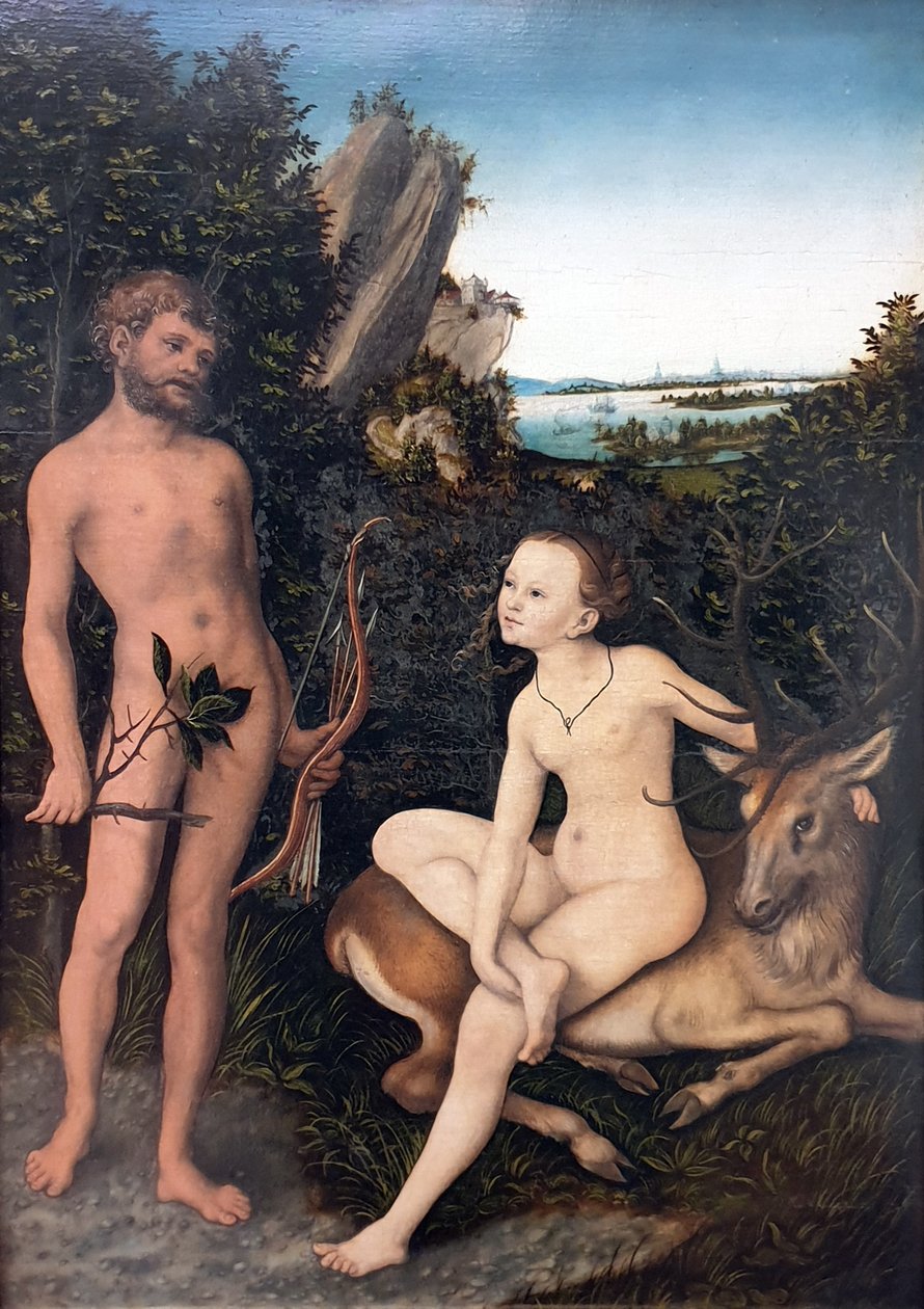 Duits: Landschaft mit Apoll und Diana Apollo en Diana in bosrijk landschap door Lucas Cranach the Elder