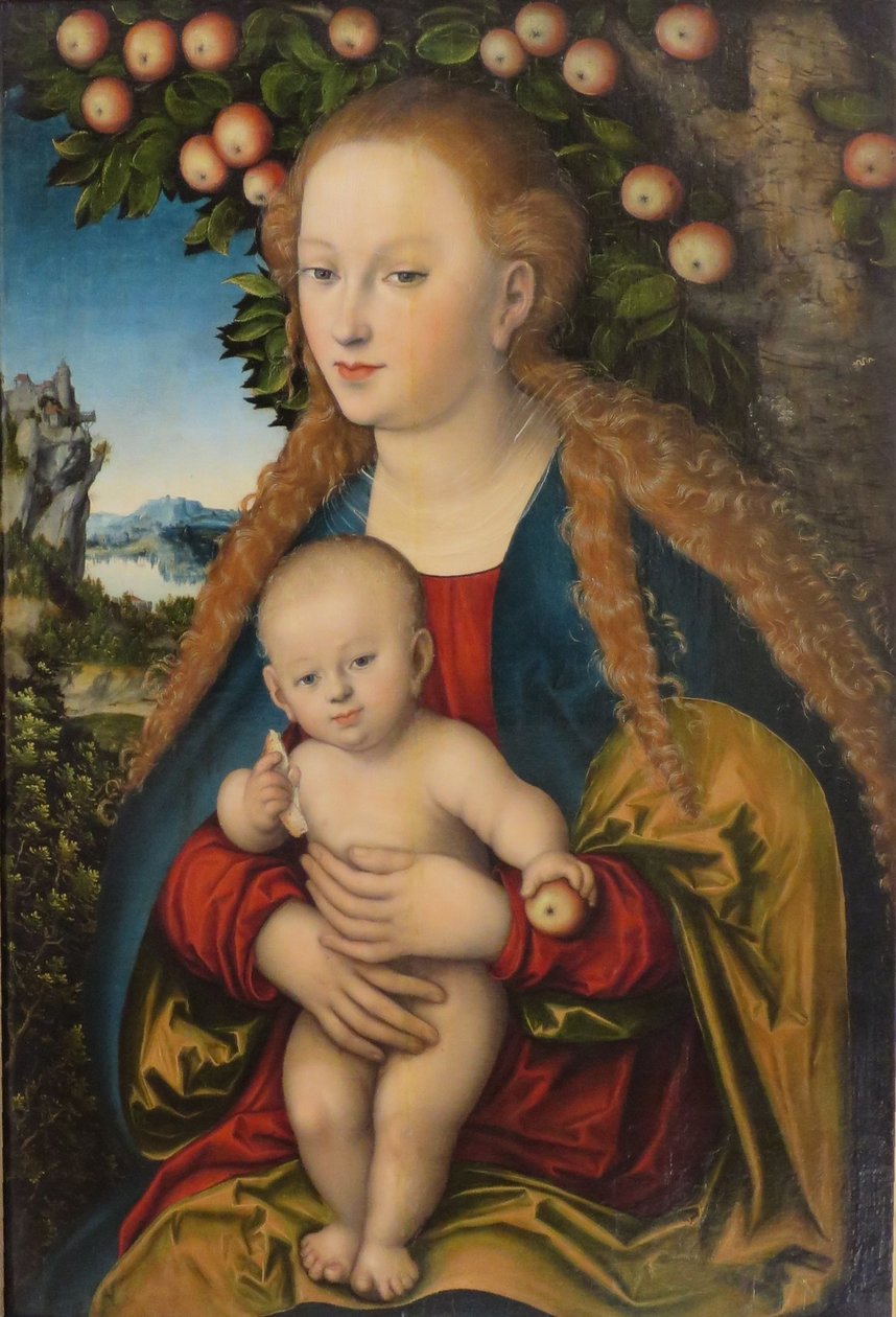 Duits: Madonna und Kind unter dem Apfelbaum Madonna en kind onder de appelboom / De maagd en het kind onder een appelboom door Lucas Cranach the Elder