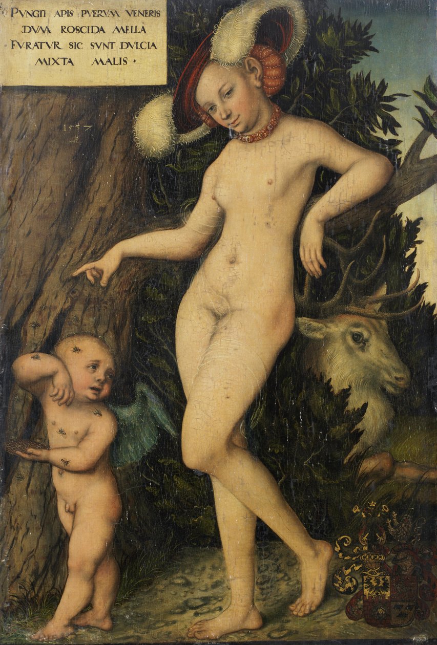 Duits: Venus mit Amor als Honigdieb Venus met Cupido die honing steelt door Lucas Cranach the Elder
