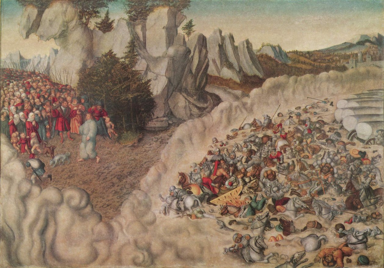 Duits: Zug der Israeliten durch das Rote Meer (Untergang des Pharao) De troepen van de farao verzwolgen in de Rode Zee door Lucas Cranach the Elder