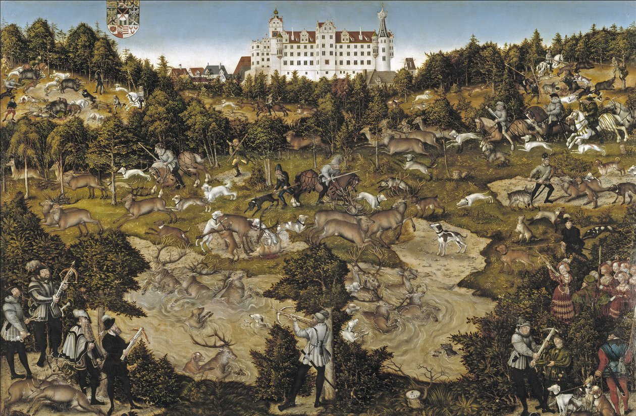 Jacht ter ere van keizer Karel V in kasteel Torgau door Lucas Cranach the Elder