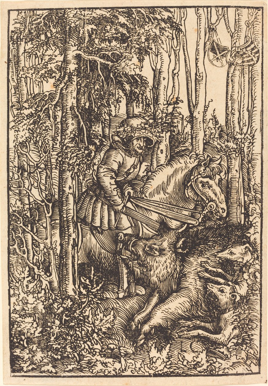 Jager te paard die een wild zwijn jaagt door Lucas Cranach the Elder