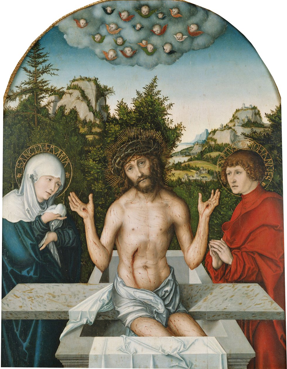 Pfirtscher altaarstuk: Christus als Man van Smarten, gezeten op een sarcofaag tussen de Maagd en Johannes [middenpaneel] door Lucas Cranach the Elder