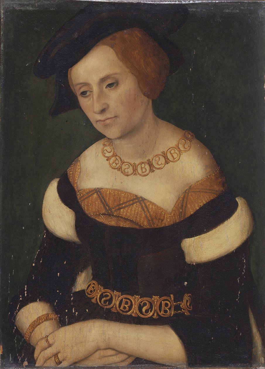Portret van Barbara Zapolya (1495-1515), koningin van Polen met halsketting en riem met Bamp;S (Barbara et Sigismundus) monogram door Lucas Cranach the Elder